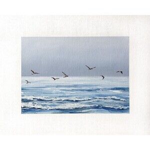 8x10 Original Oil Painting Seascape Birds in Flight Over Ocean Waves Art Signed